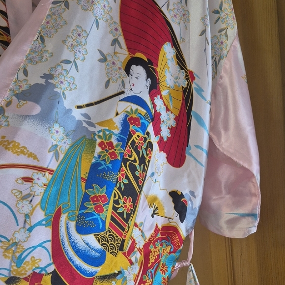 Silk Asian Silk Robe XL With Tie Lightwieght Short Sleeve Design Geisha Vintage - Picture 4 of 7